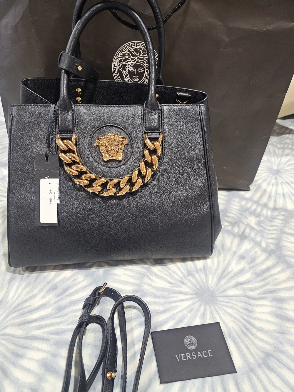 Versace Black Medusa Leather Tote with Gold Chain